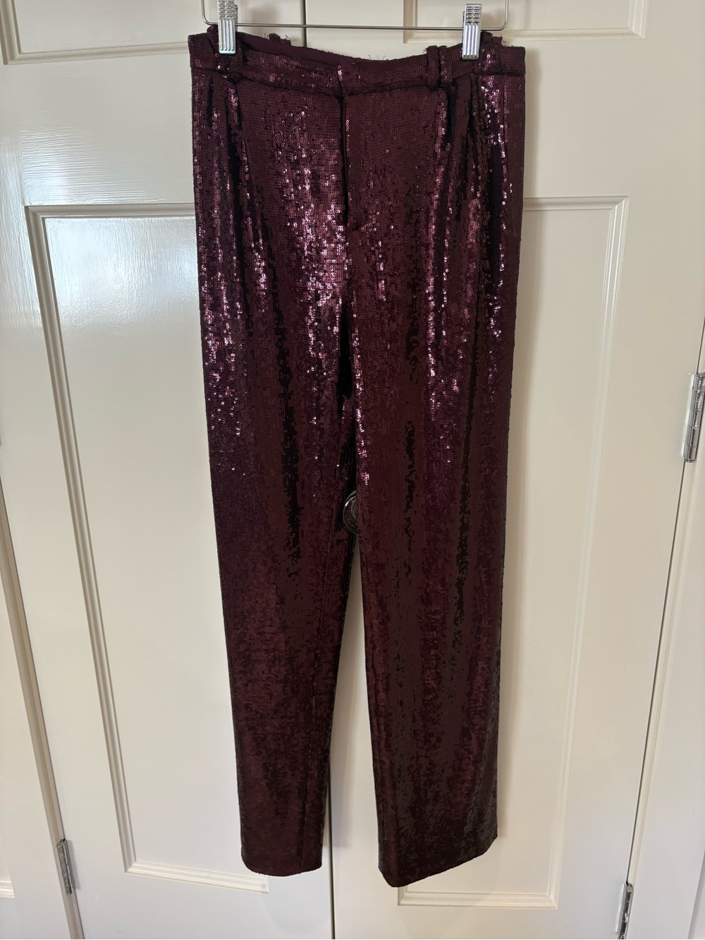 Sequin Straight-Leg Pants in Deep Burgundy